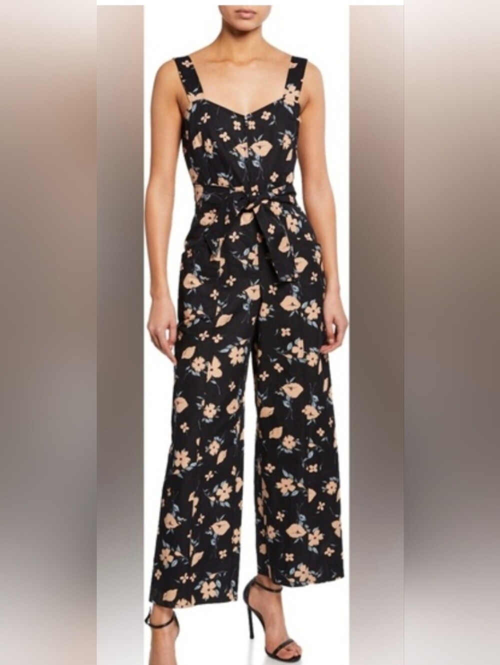 REBECCA TAYLOR Floral Wide-Leg Black Jumpsuit with Tie Waist,Size 2